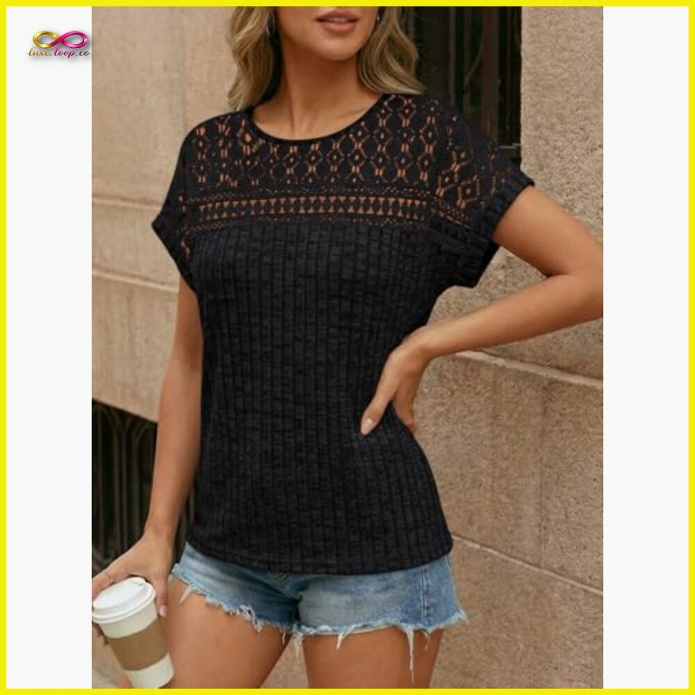Lace Trim Tunic Top Loose Fit Short Sleeve Elegant Business Casual Spring Summer - Picture 3 of 6